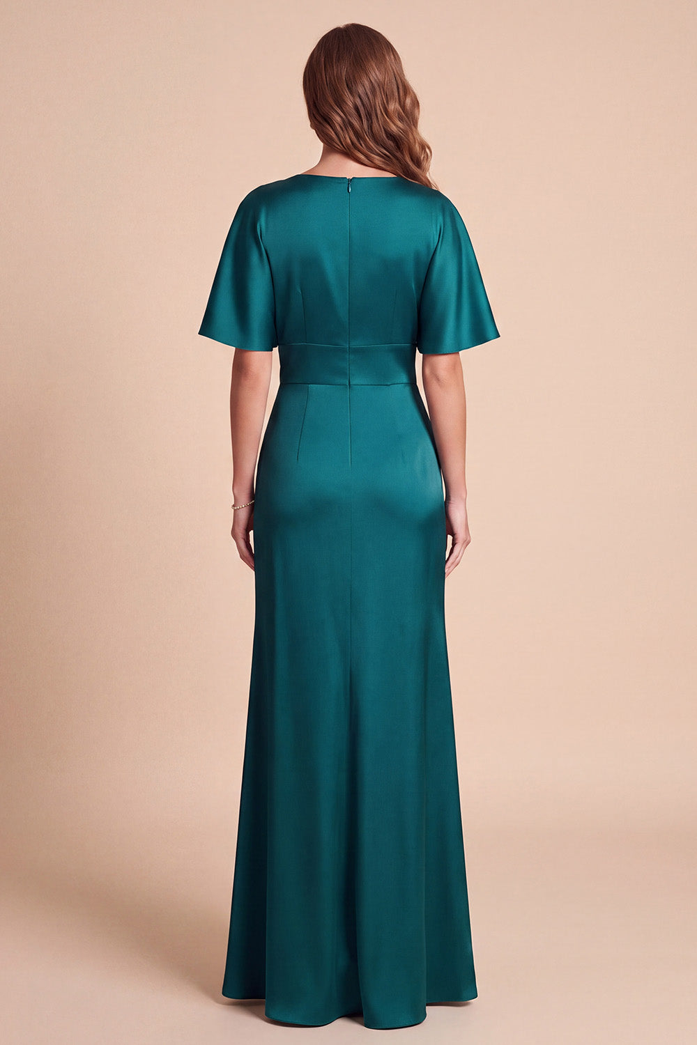 Emerald Green V‑Neck Flutter Sleeve 3D Floral Satin Maxi Dress