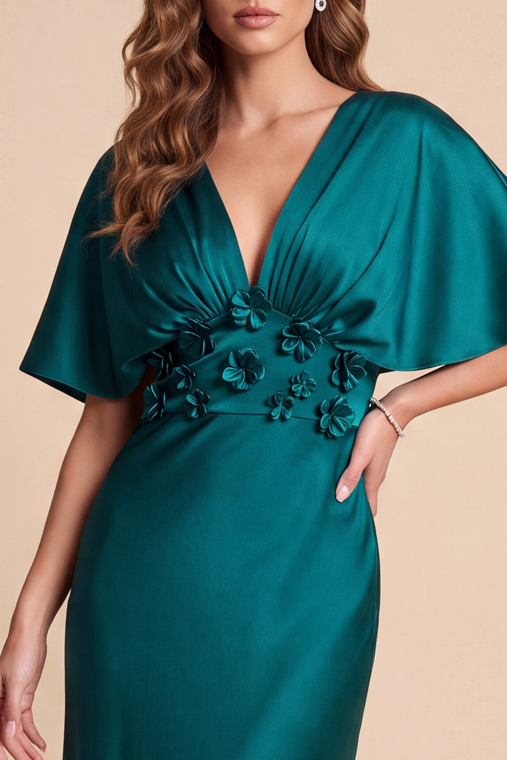 Emerald Green V‑Neck Flutter Sleeve 3D Floral Satin Maxi Dress