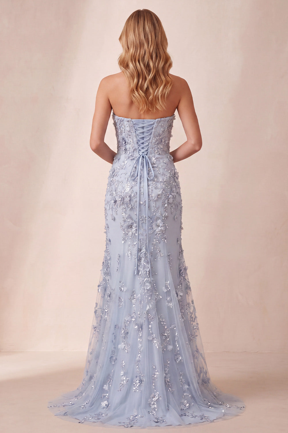 Dusty Blue Strapless Mermaid 3D Floral Beaded Maxi Dress
