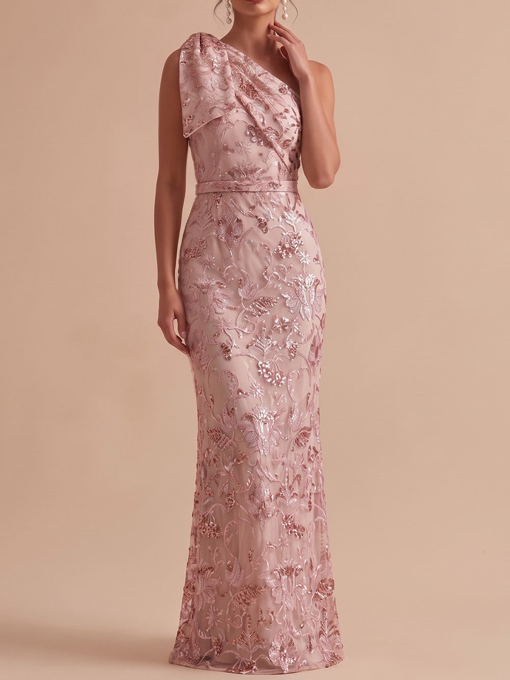 Pink One-Shoulder Sequin Floral Waistband Mermaid Maxi Dress