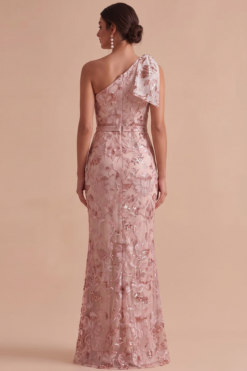 Pink One-Shoulder Sequin Floral Waistband Mermaid Maxi Dress