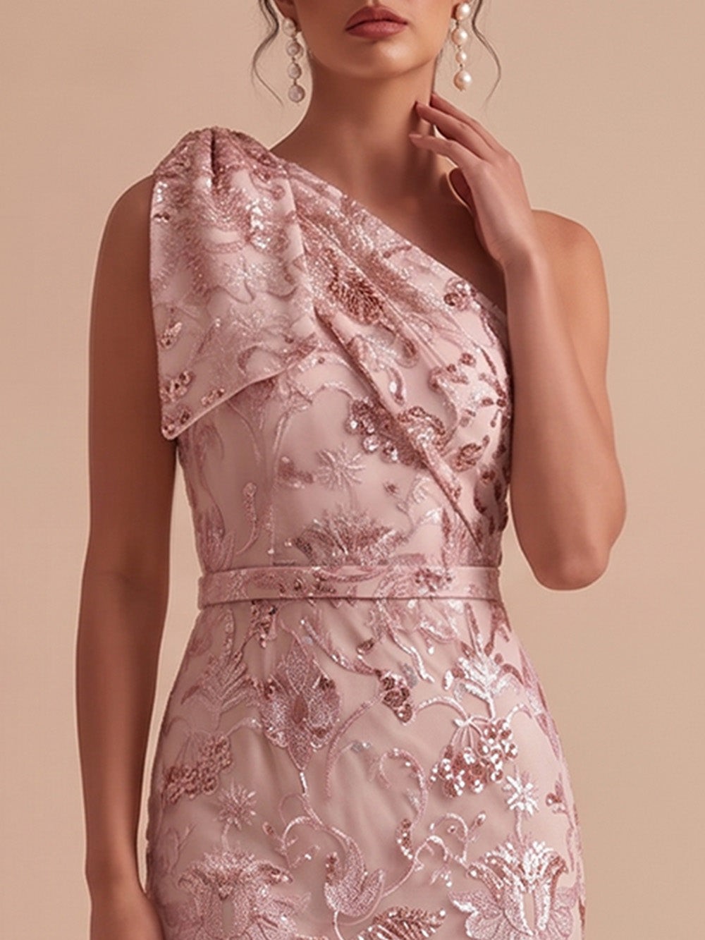 Pink One-Shoulder Sequin Floral Waistband Mermaid Maxi Dress