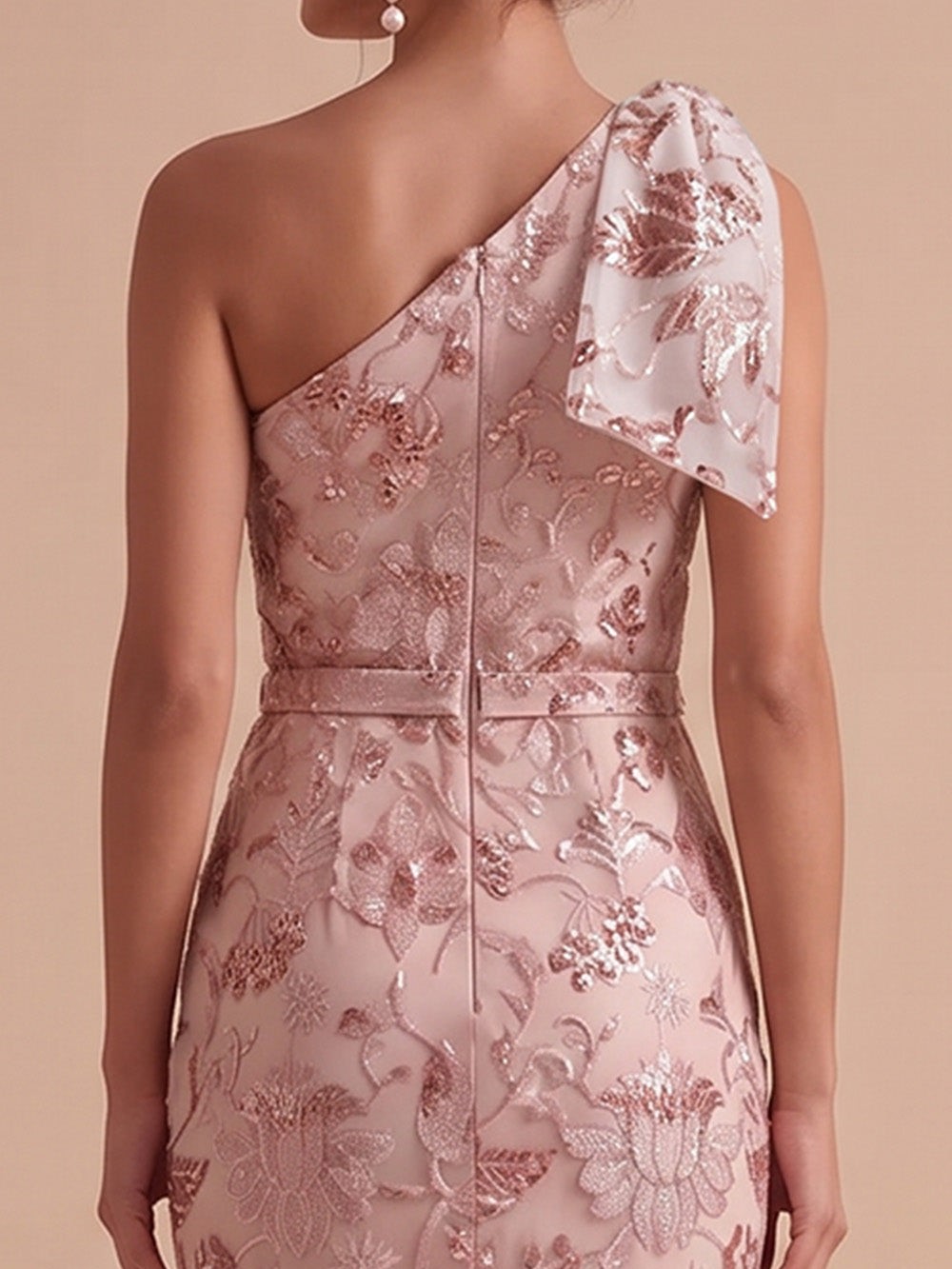 Pink One-Shoulder Sequin Floral Waistband Mermaid Maxi Dress