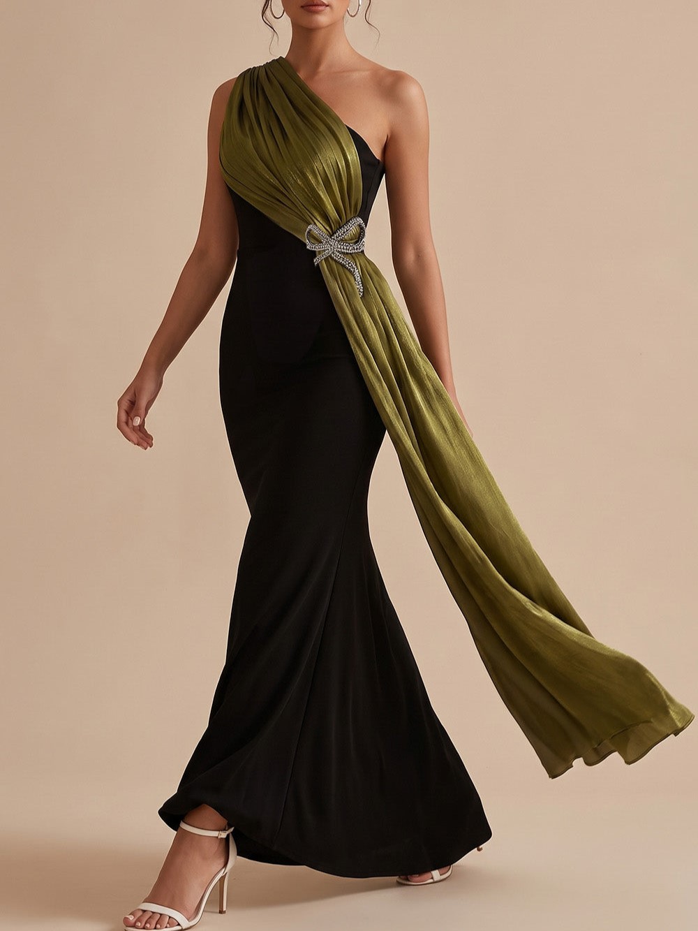 Black and Olive Green One-Shoulder Rhinestone Bow Draped Mermaid Maxi Dress