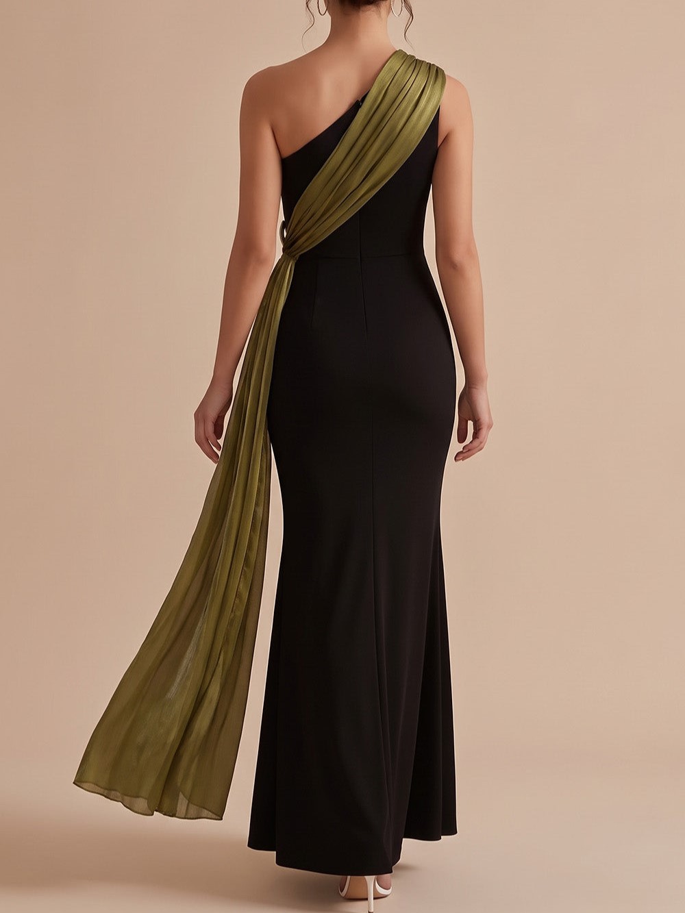 Black and Olive Green One-Shoulder Rhinestone Bow Draped Mermaid Maxi Dress