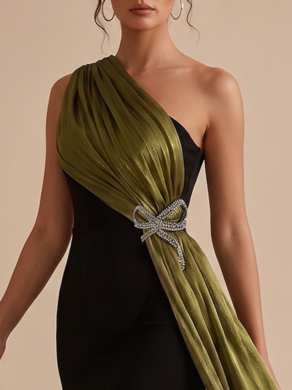 Black and Olive Green One-Shoulder Rhinestone Bow Draped Mermaid Maxi Dress
