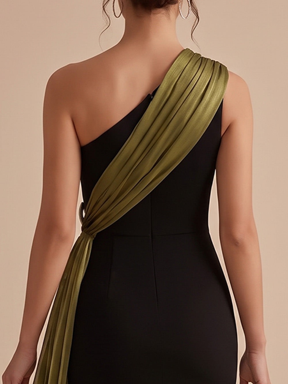 Black and Olive Green One-Shoulder Rhinestone Bow Draped Mermaid Maxi Dress