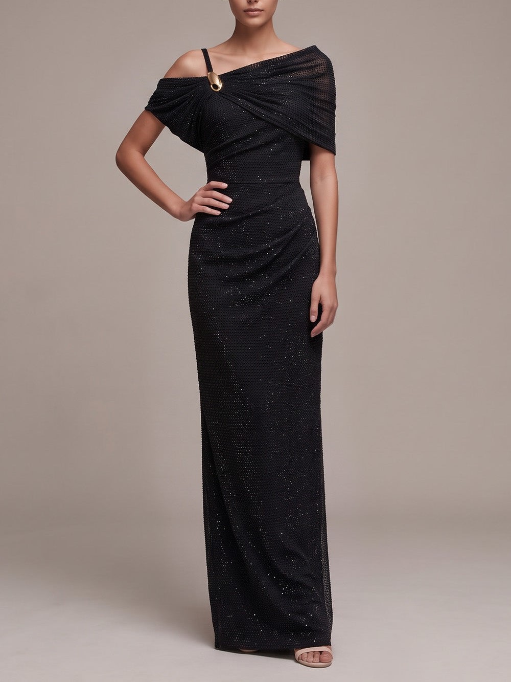 Black Off Shoulder Gold Detail Ruched Sparkle Sheath Maxi Dress