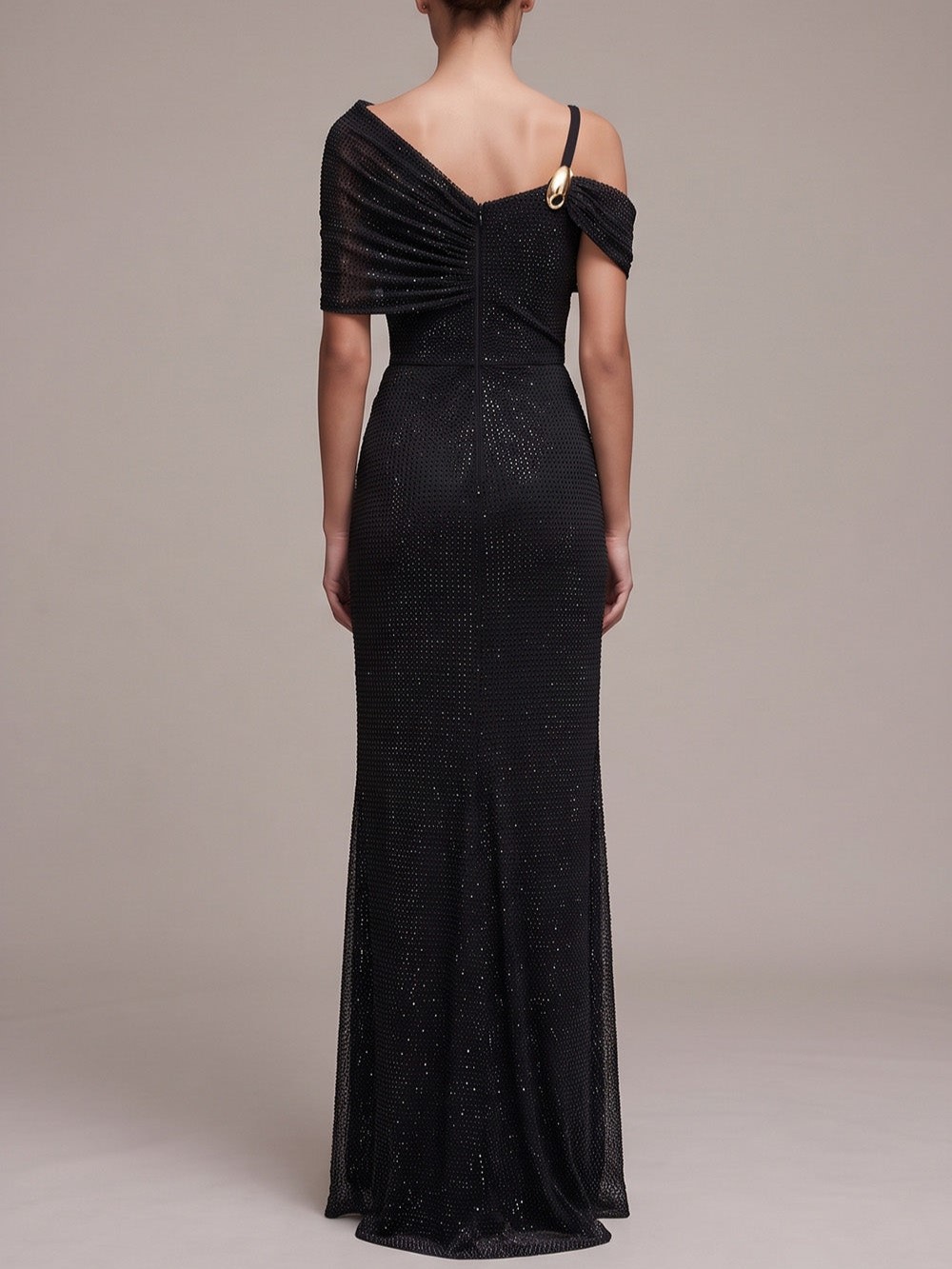 Black Off Shoulder Gold Detail Ruched Sparkle Sheath Maxi Dress