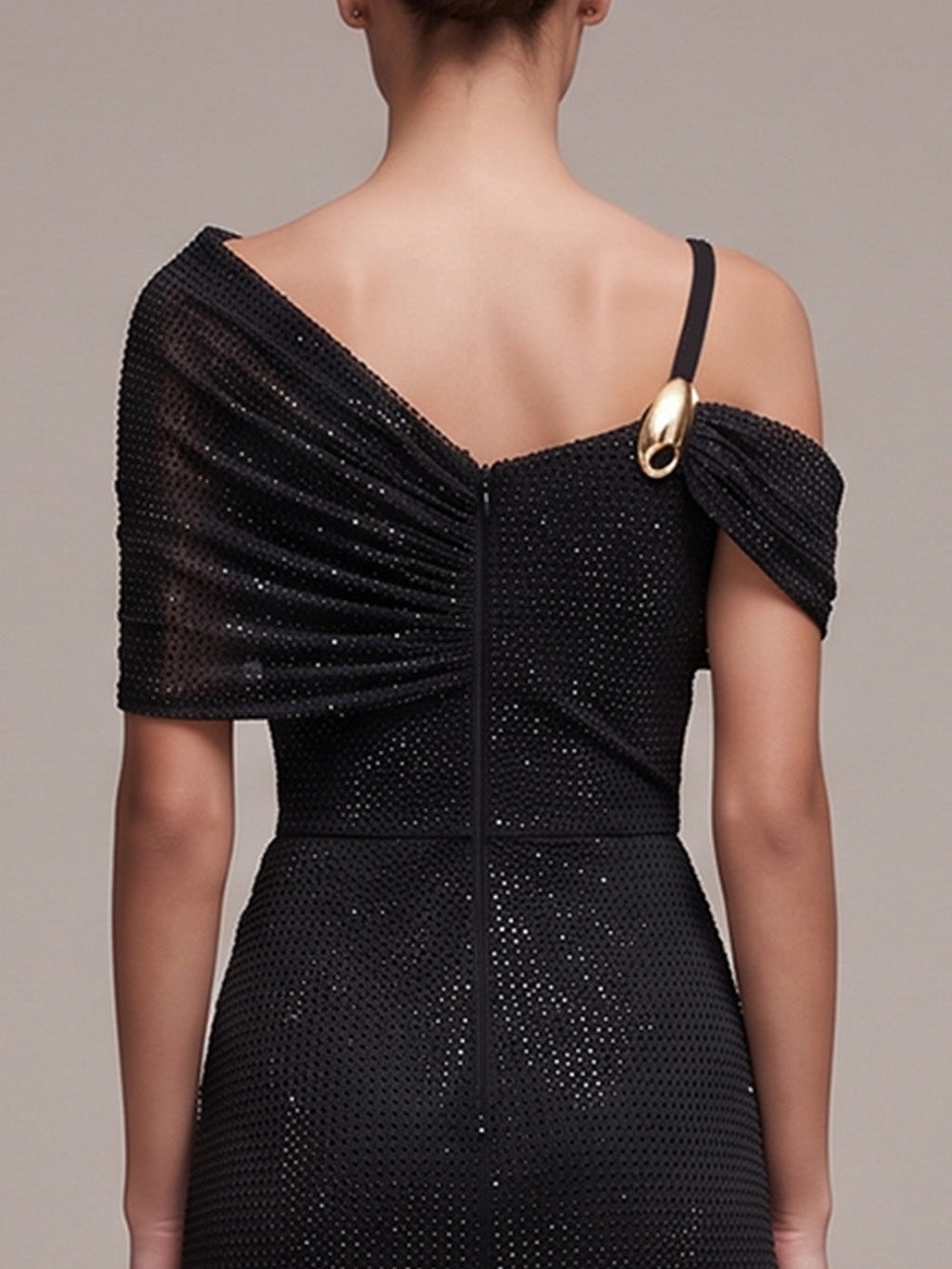 Black Off Shoulder Gold Detail Ruched Sparkle Sheath Maxi Dress