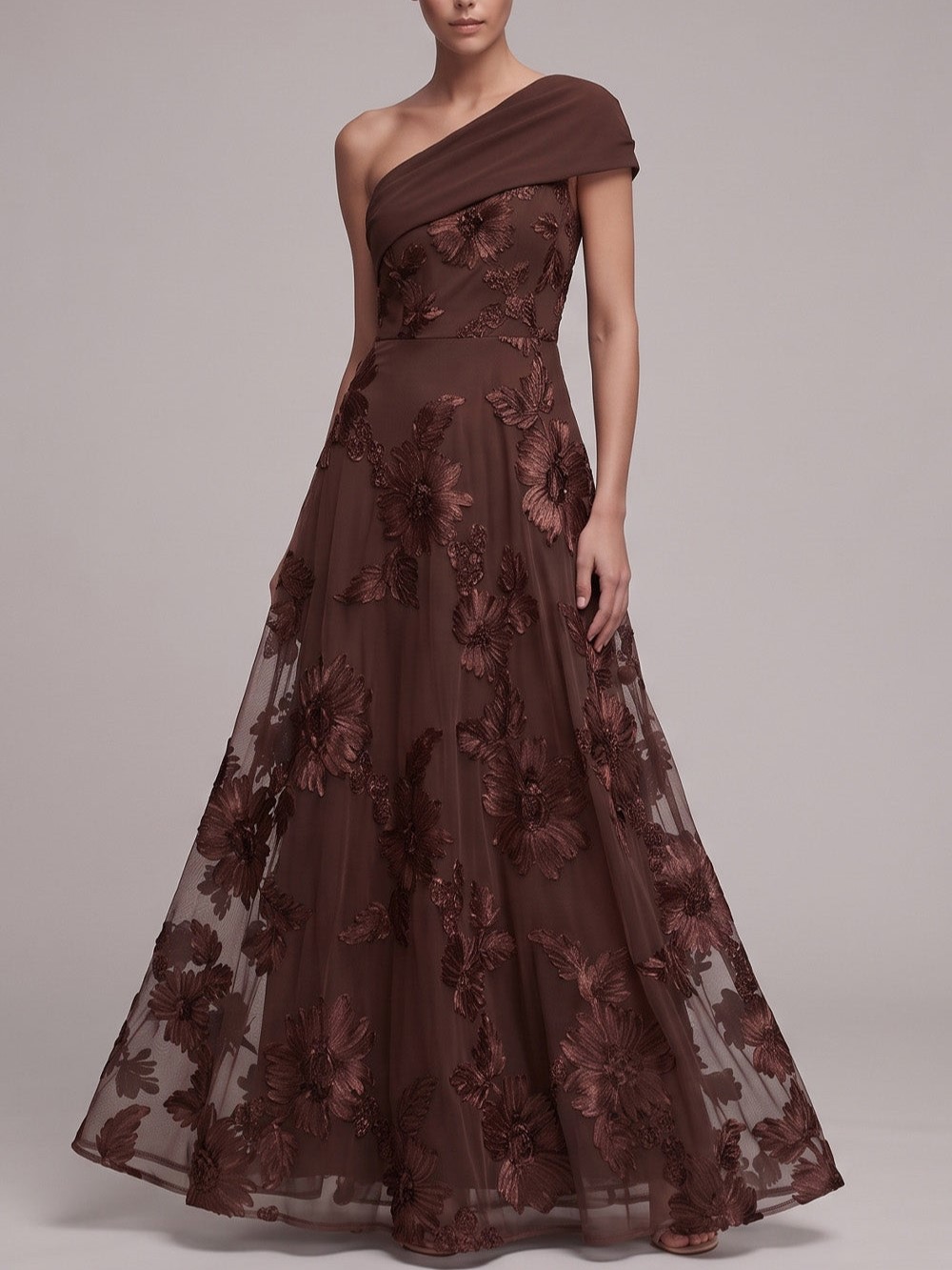 Coffee One-Shoulder Floral Appliqué A-Line Maxi Dress