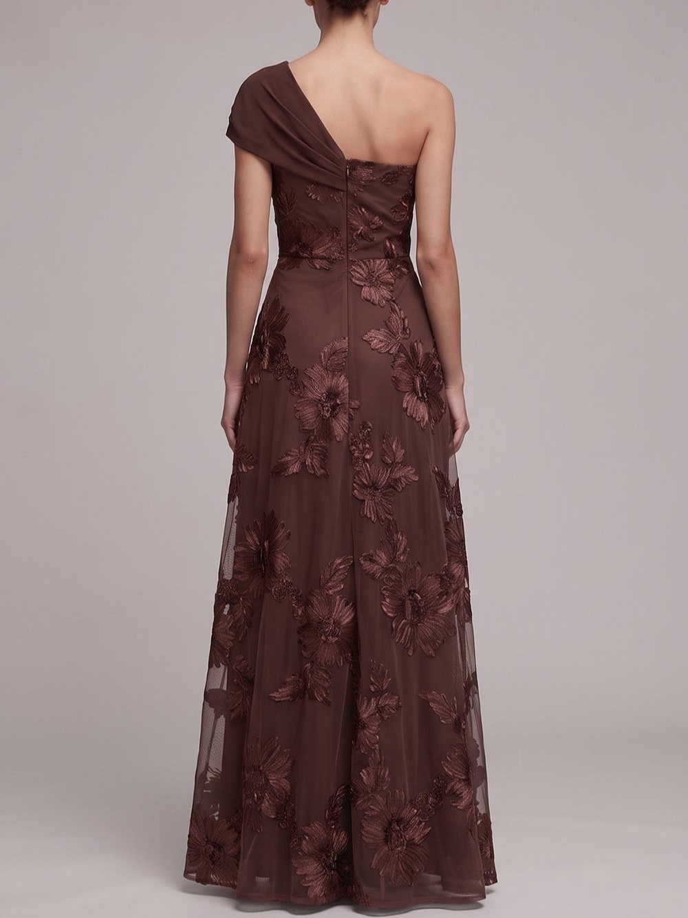 Coffee One-Shoulder Floral Appliqué A-Line Maxi Dress