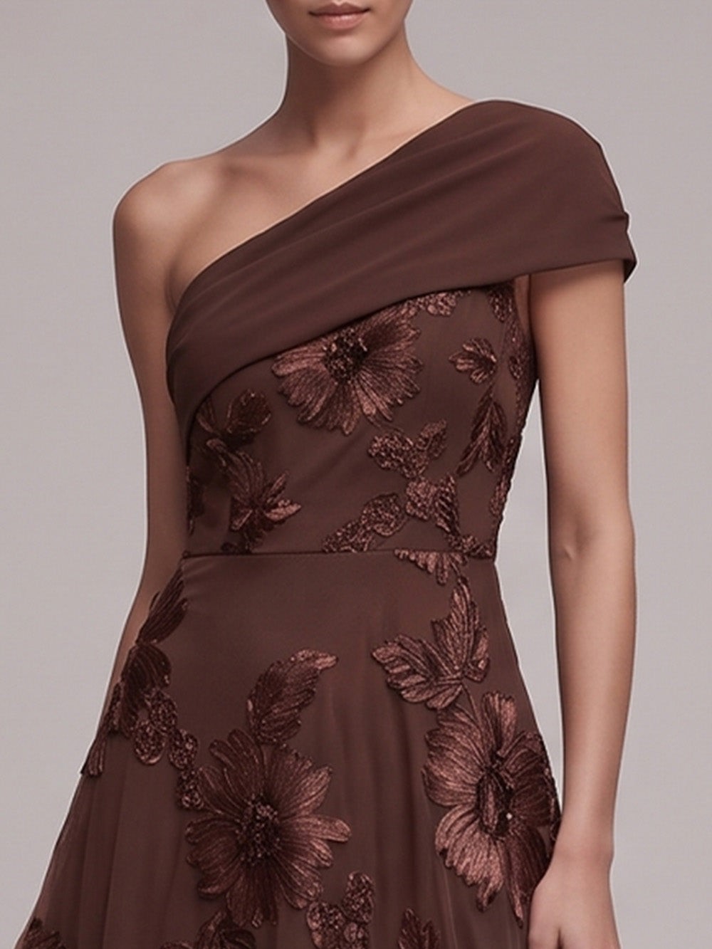 Coffee One-Shoulder Floral Appliqué A-Line Maxi Dress