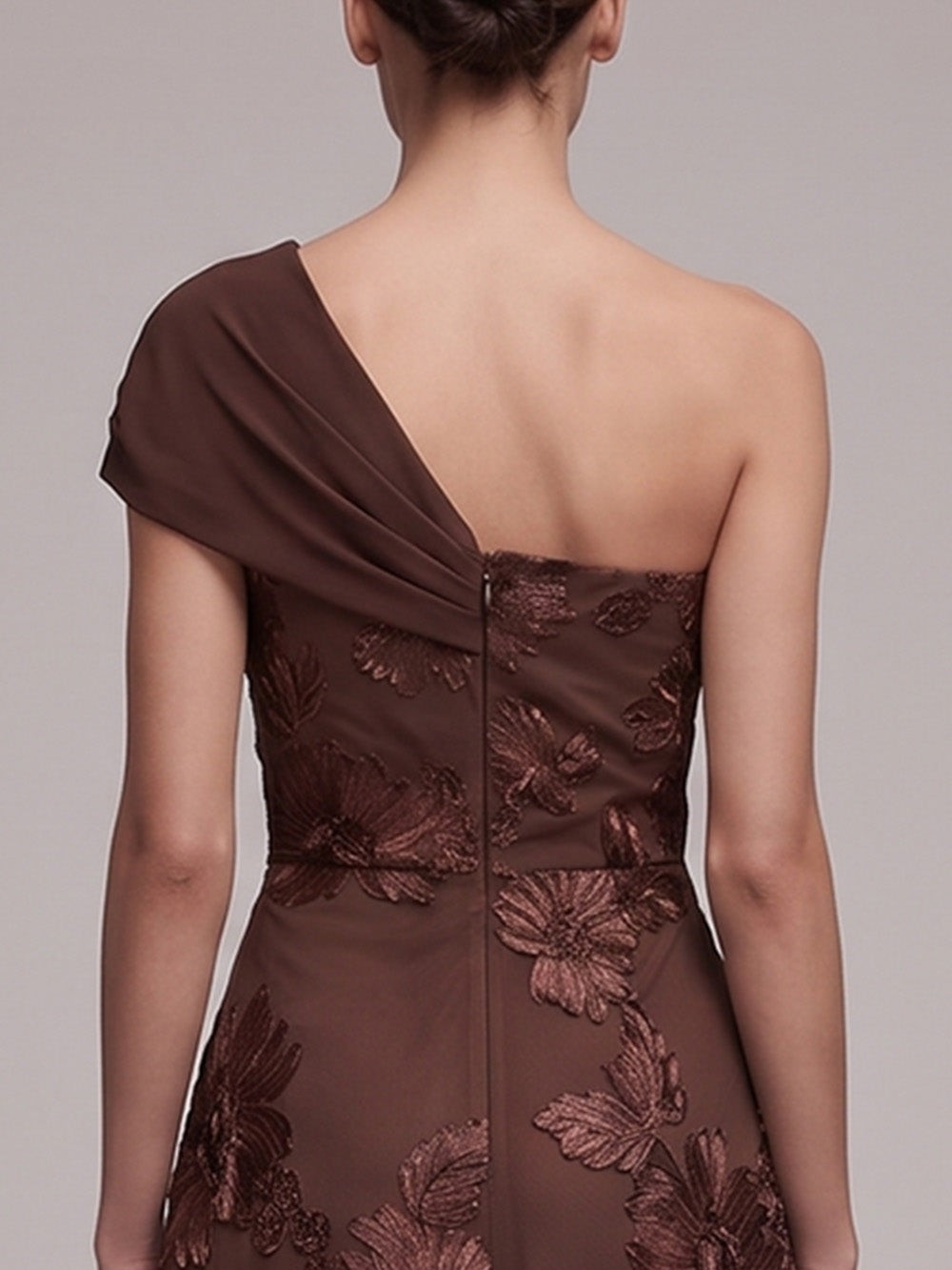 Coffee One-Shoulder Floral Appliqué A-Line Maxi Dress