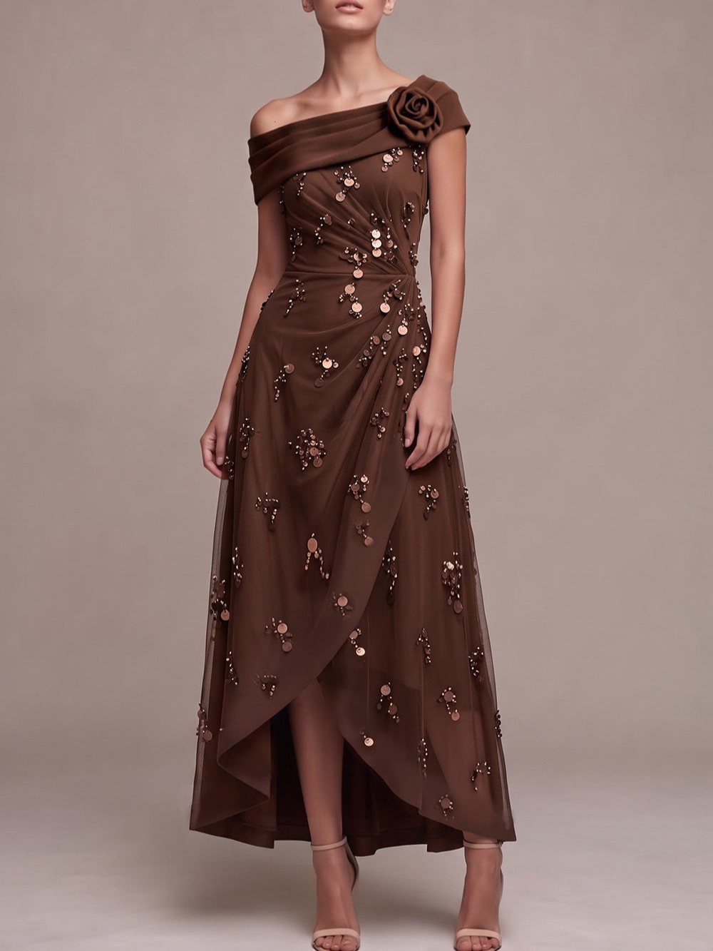 Coffee One-Shoulder Rose Detail Sequin High-Low Maxi Dress