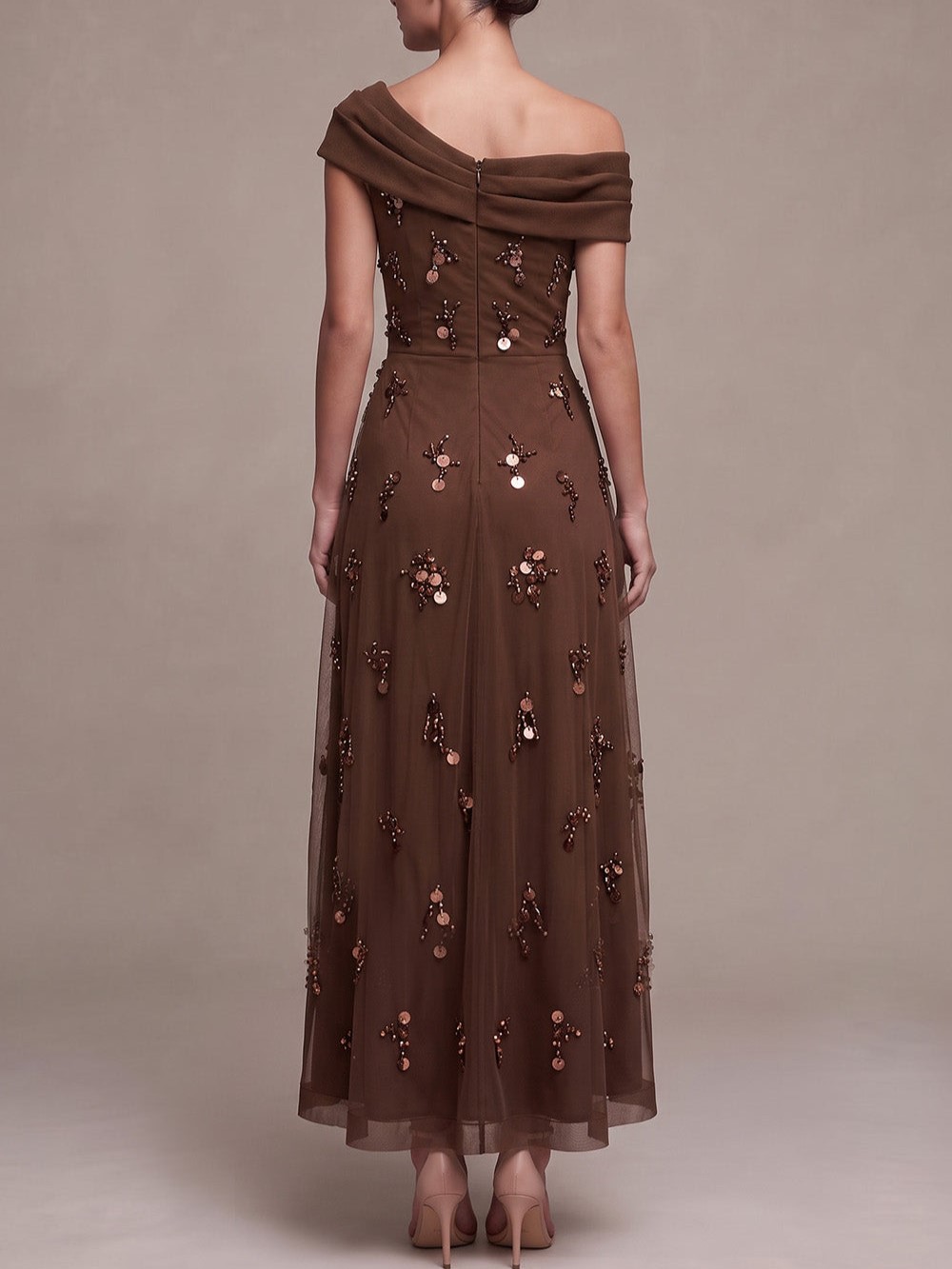 Coffee One-Shoulder Rose Detail Sequin High-Low Maxi Dress