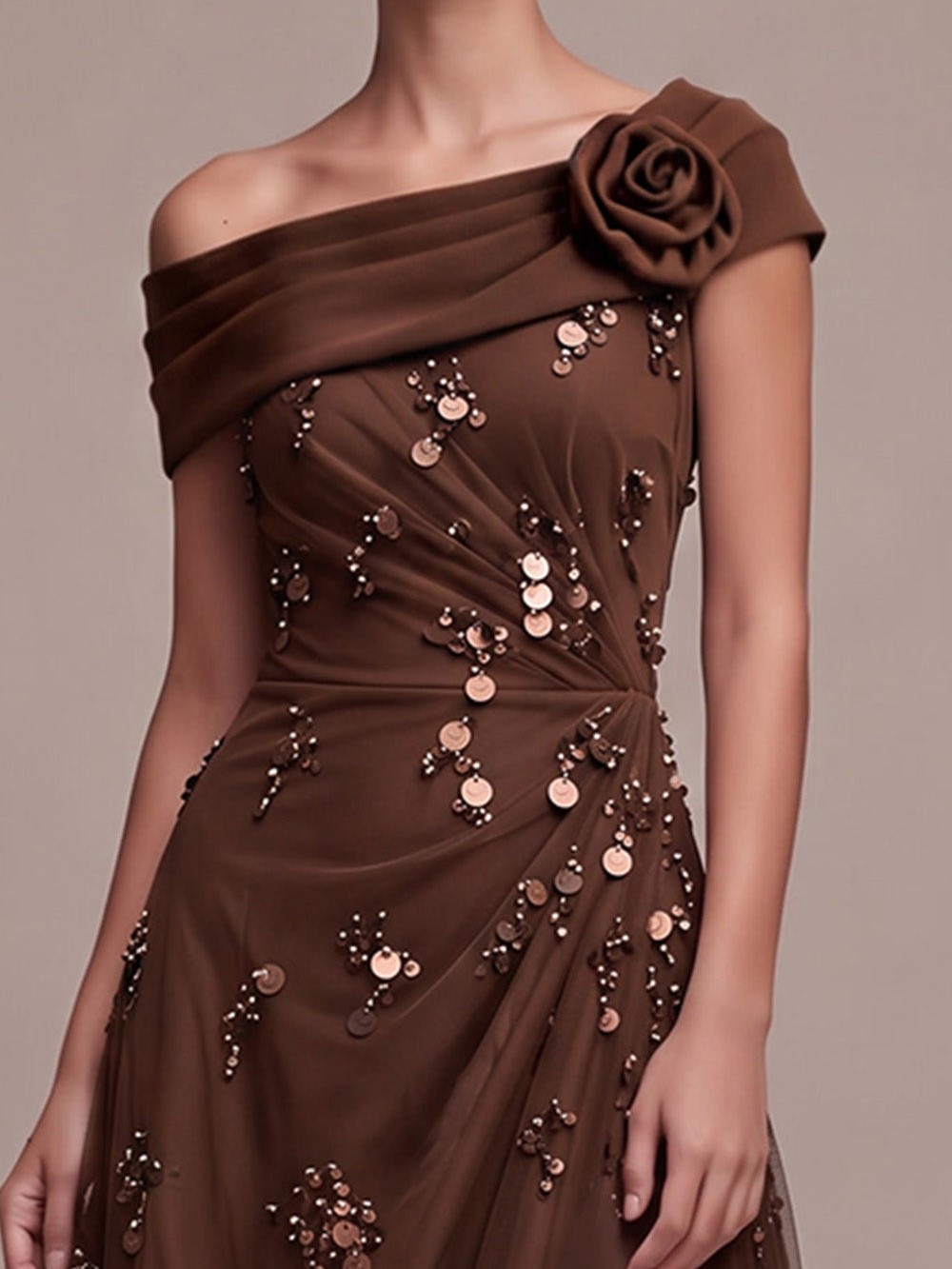 Coffee One-Shoulder Rose Detail Sequin High-Low Maxi Dress