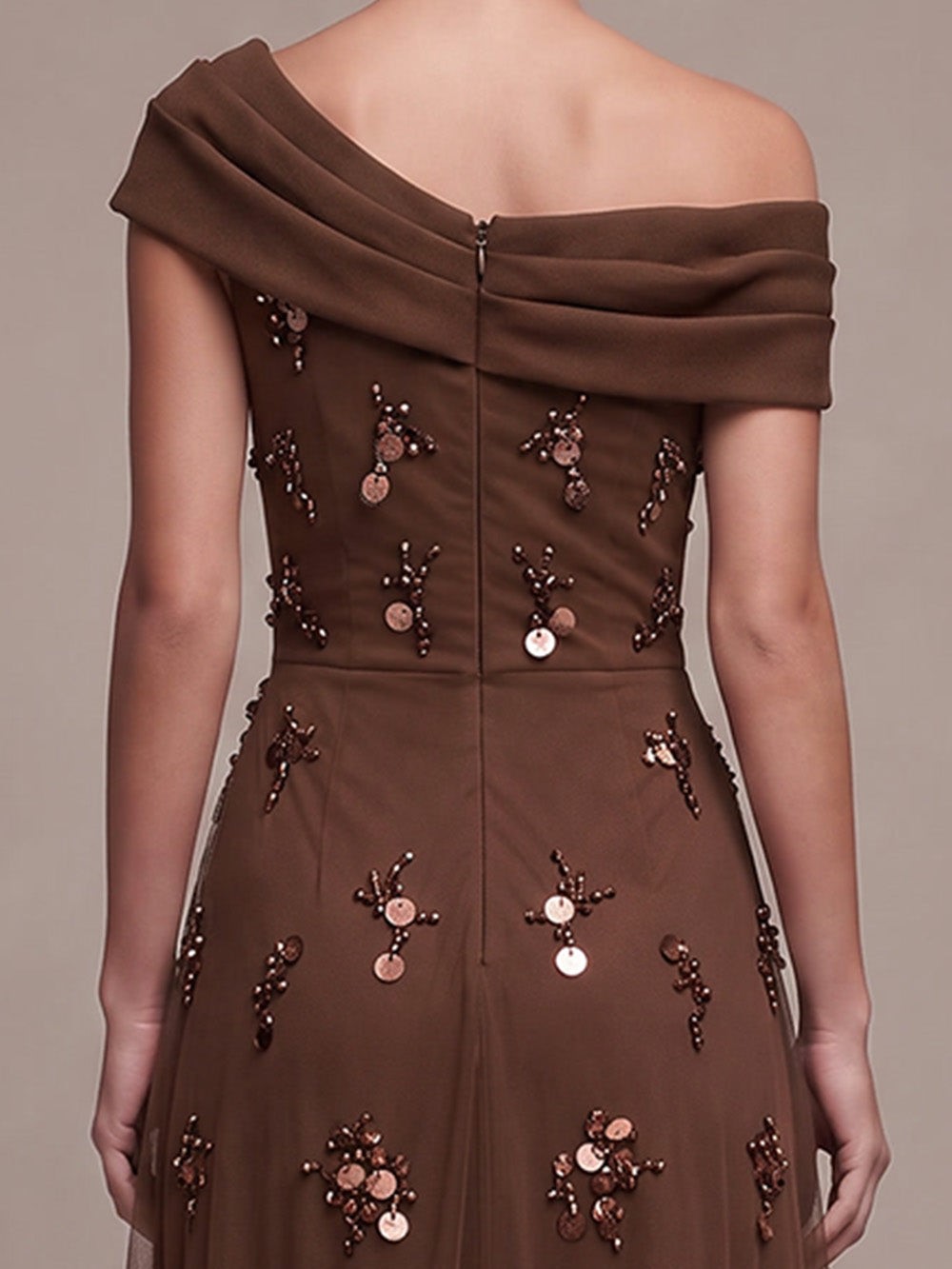 Coffee One-Shoulder Rose Detail Sequin High-Low Maxi Dress