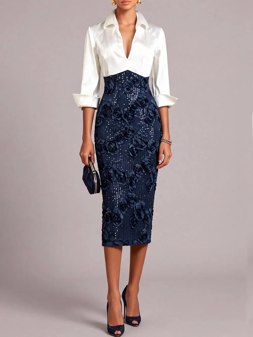 Navy Blue Collared V-Neck 3/4 Sleeve Contrast Bodice 3D Floral Sequin Pencil Midi Dress