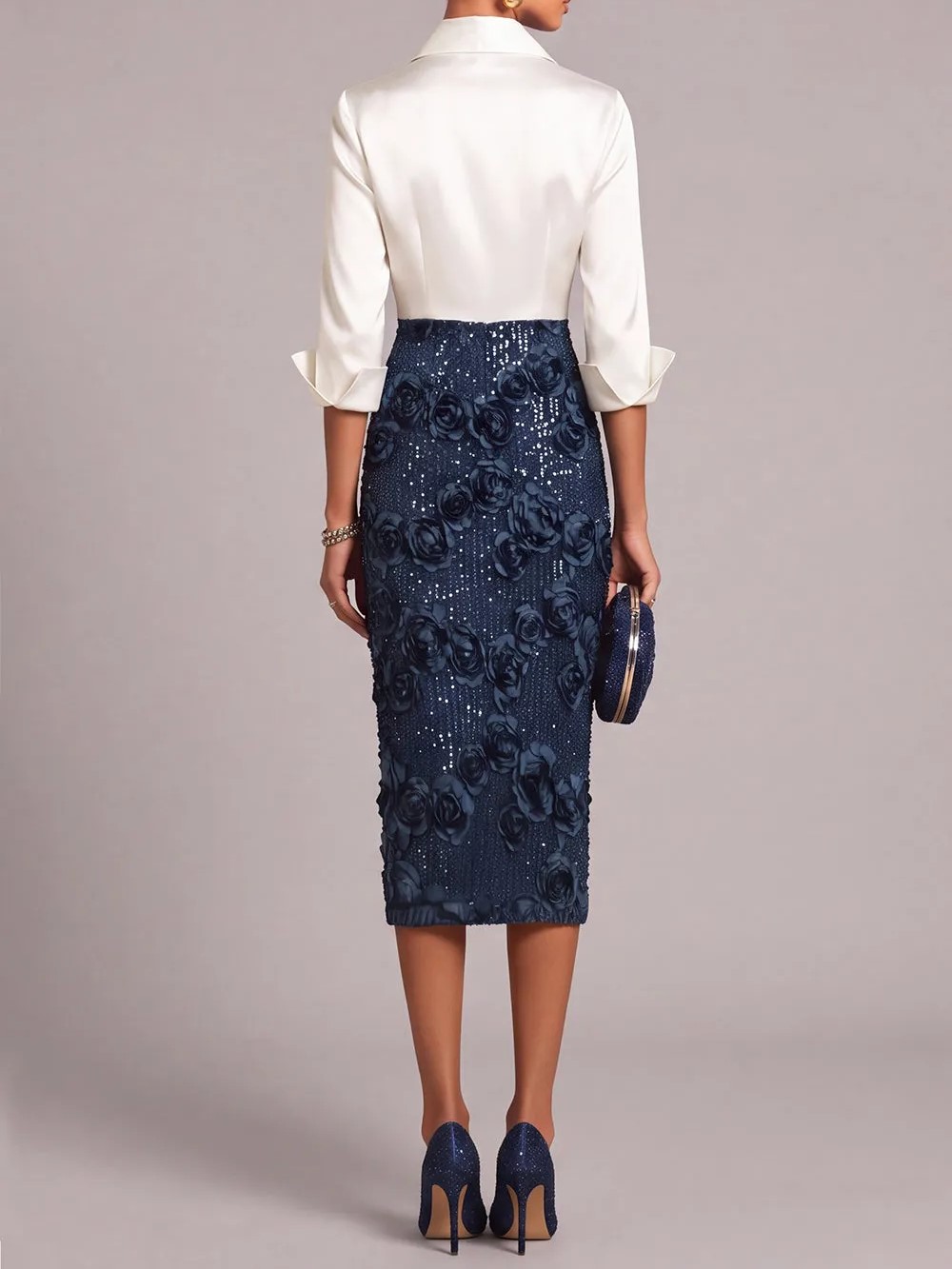 Navy Blue Collared V-Neck 3/4 Sleeve Contrast Bodice 3D Floral Sequin Pencil Midi Dress