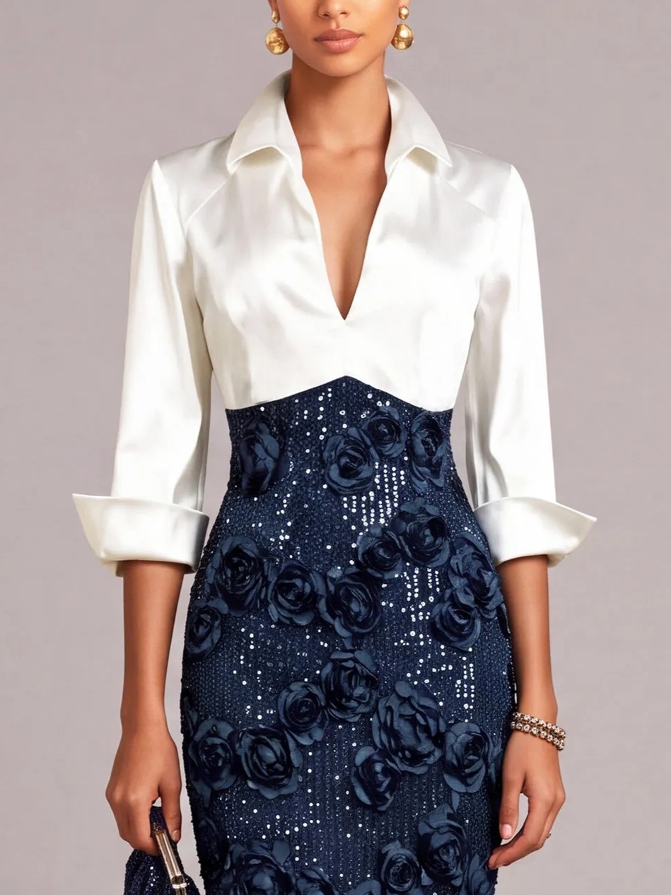 Navy Blue Collared V-Neck 3/4 Sleeve Contrast Bodice 3D Floral Sequin Pencil Midi Dress