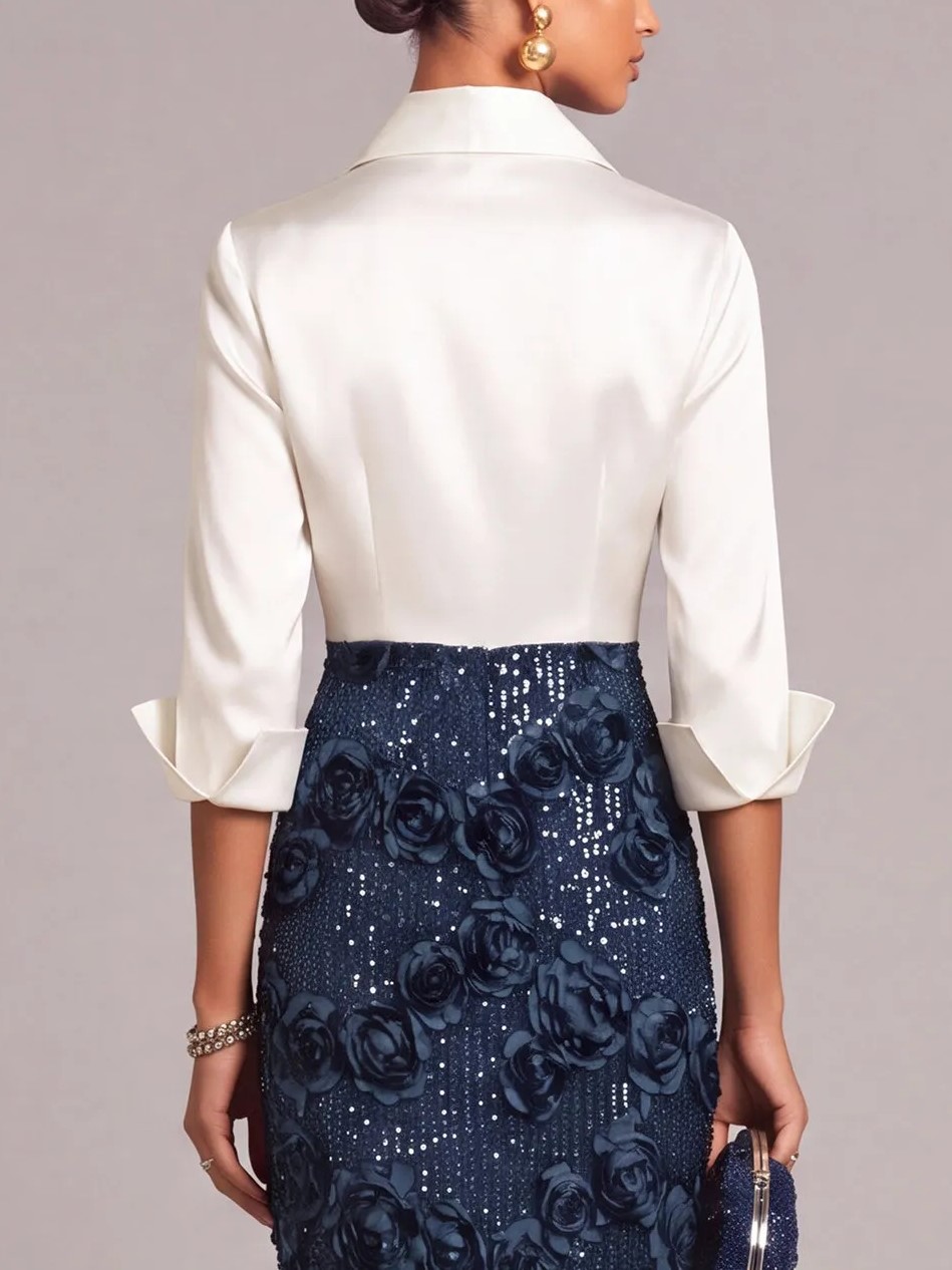 Navy Blue Collared V-Neck 3/4 Sleeve Contrast Bodice 3D Floral Sequin Pencil Midi Dress