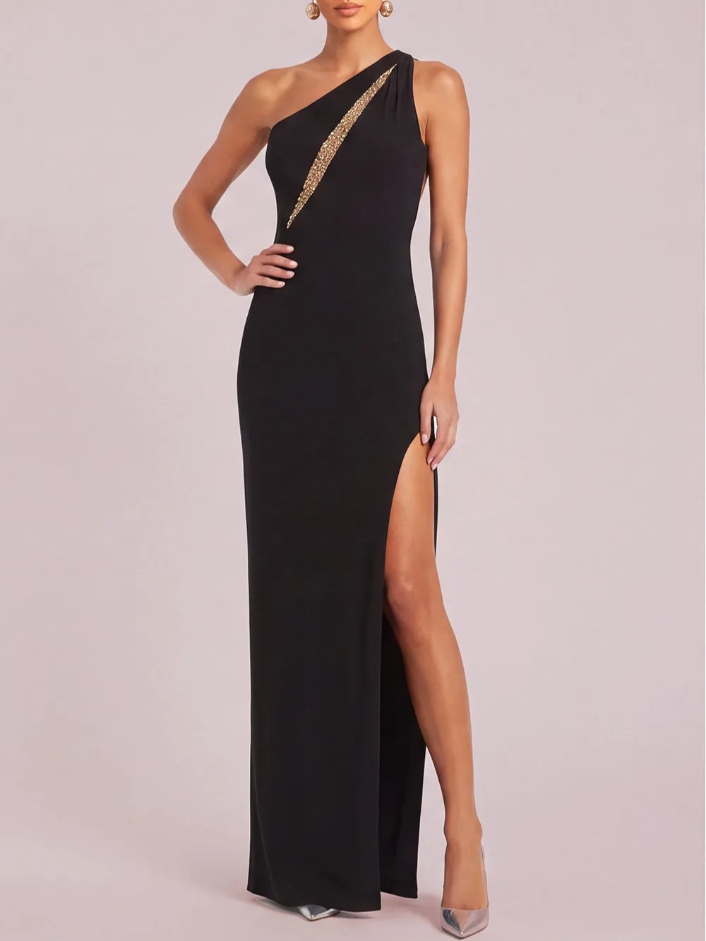 Black Golden Sheath One Shoulder Long Formal Dress with Slit