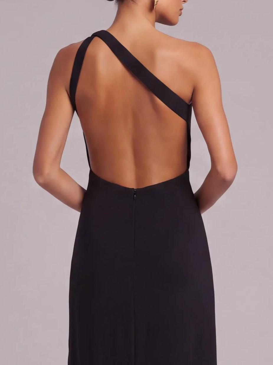 Black Golden Sheath One Shoulder Long Formal Dress with Slit