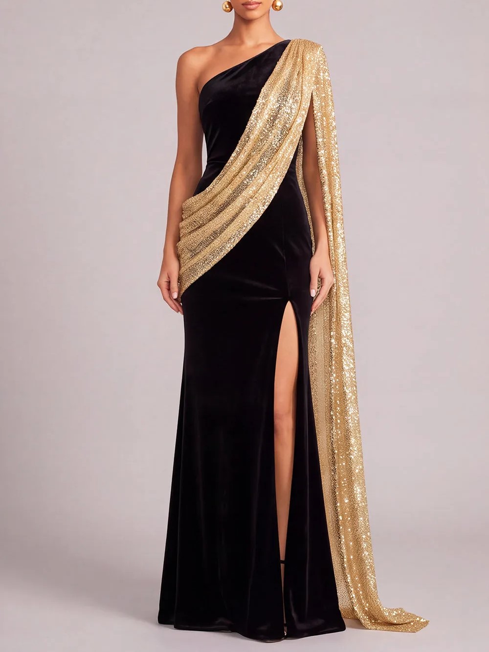 Black Golden Mermaid Velvet One Shoulder Maxi Formal Dress with Cape