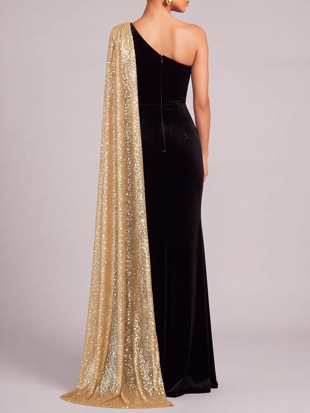 Black Golden Mermaid Velvet One Shoulder Maxi Formal Dress with Cape