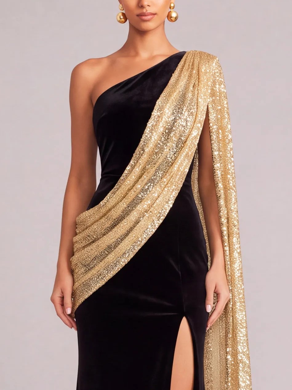 Black Golden Mermaid Velvet One Shoulder Maxi Formal Dress with Cape