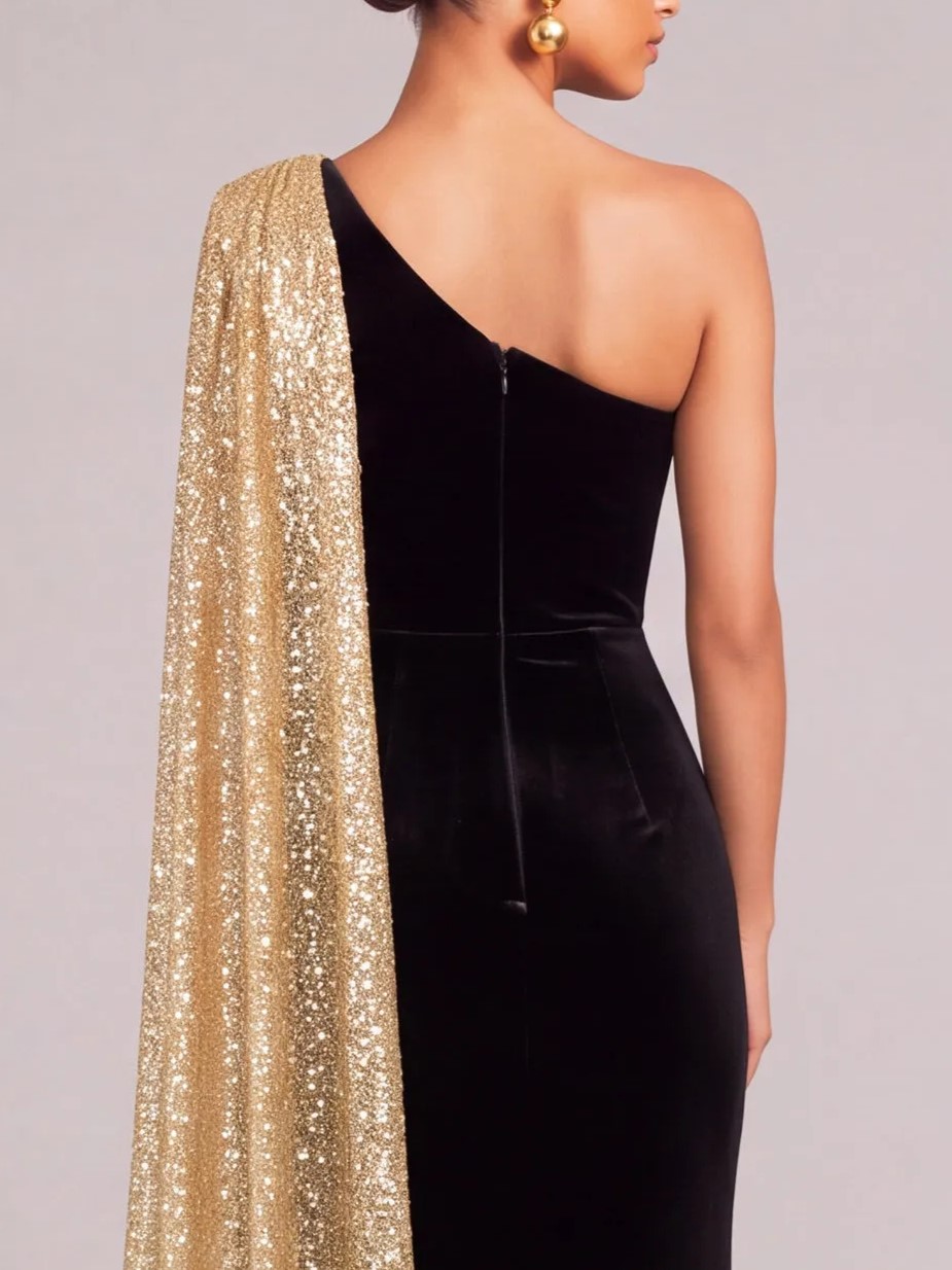 Black Golden Mermaid Velvet One Shoulder Maxi Formal Dress with Cape