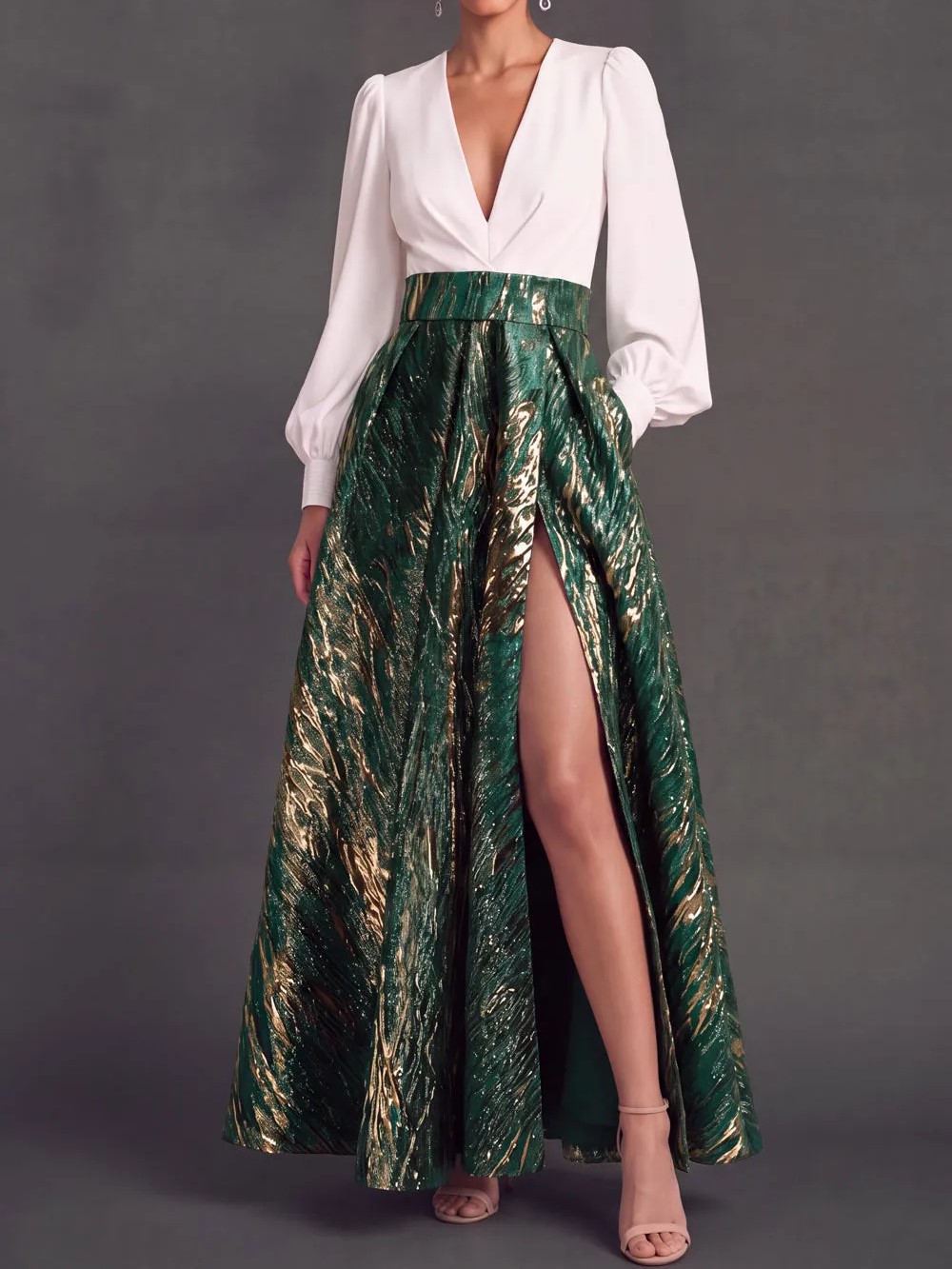 White Green Gold Jacquard V‑Neck Long Sleeve Floor‑Length Maxi Dress