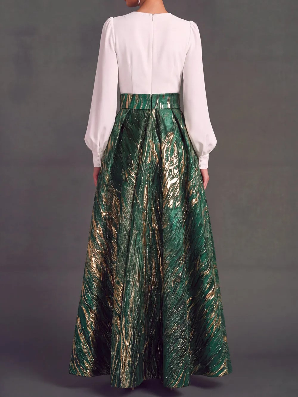 White Green Gold Jacquard V‑Neck Long Sleeve Floor‑Length Maxi Dress
