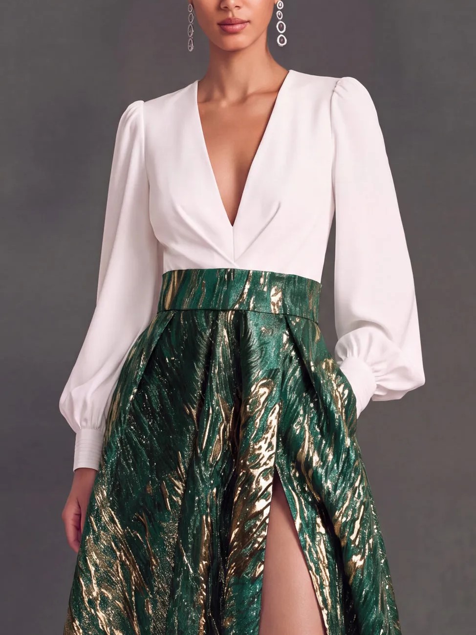 White Green Gold Jacquard V‑Neck Long Sleeve Floor‑Length Maxi Dress