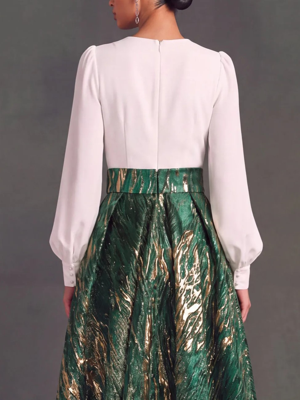 White Green Gold Jacquard V‑Neck Long Sleeve Floor‑Length Maxi Dress