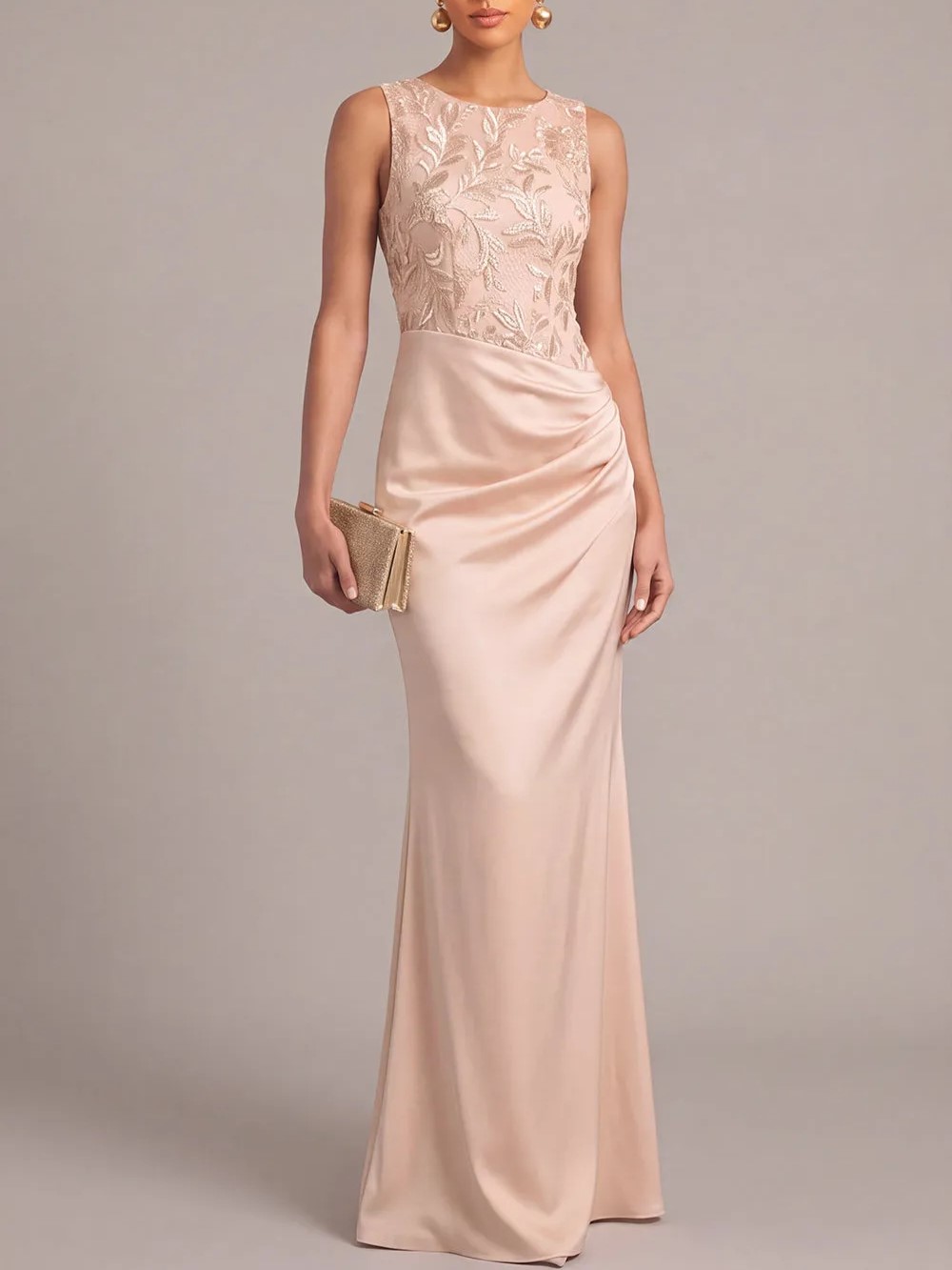 Dusty Pink Round Neck Sleeveless Embroidered Bodice Ruched Waist Sheath Maxi Dress