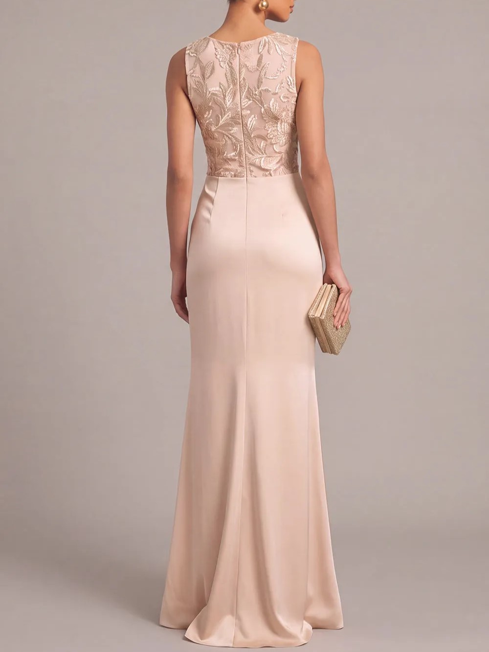 Dusty Pink Round Neck Sleeveless Embroidered Bodice Ruched Waist Sheath Maxi Dress