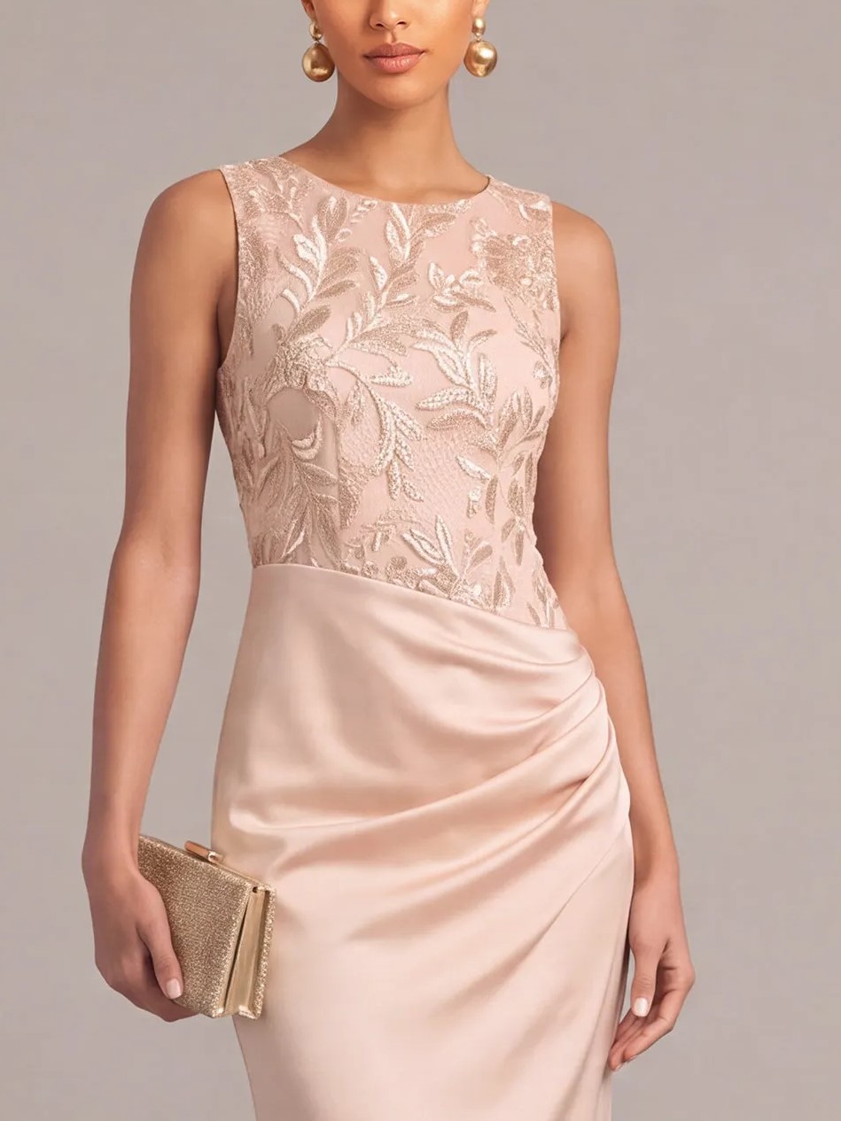 Dusty Pink Round Neck Sleeveless Embroidered Bodice Ruched Waist Sheath Maxi Dress