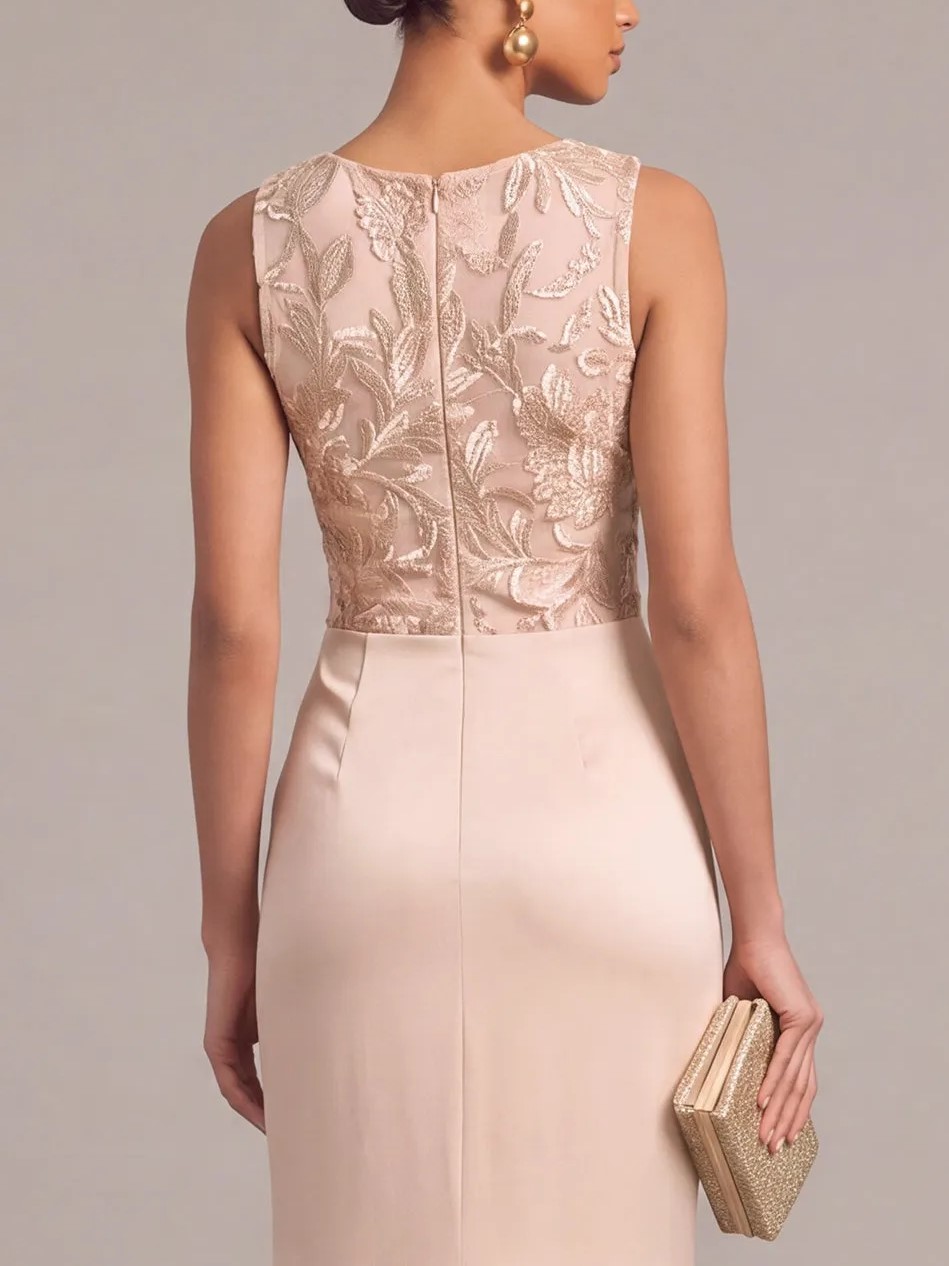 Dusty Pink Round Neck Sleeveless Embroidered Bodice Ruched Waist Sheath Maxi Dress