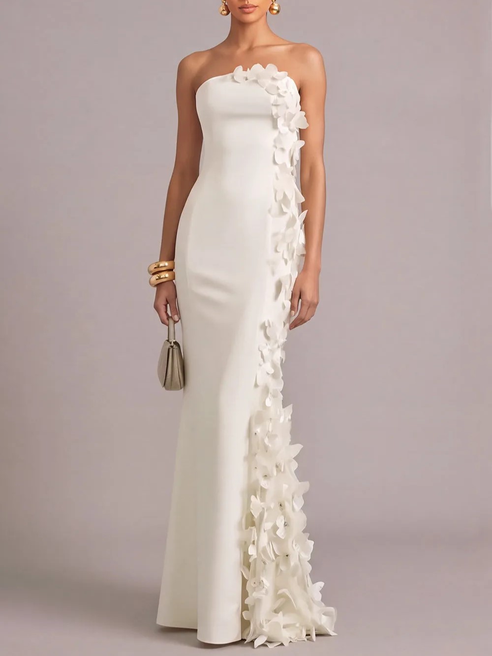 White Strapless 3D Floral Applique Cross-Back Mermaid Maxi Dress