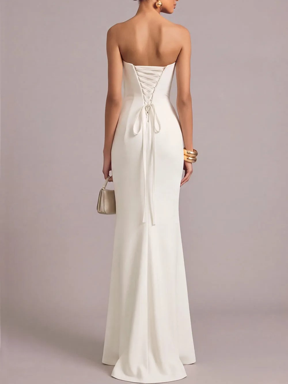 White Strapless 3D Floral Applique Cross-Back Mermaid Maxi Dress