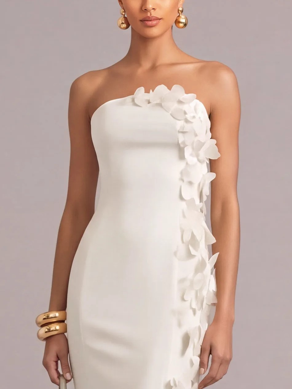 White Strapless 3D Floral Applique Cross-Back Mermaid Maxi Dress
