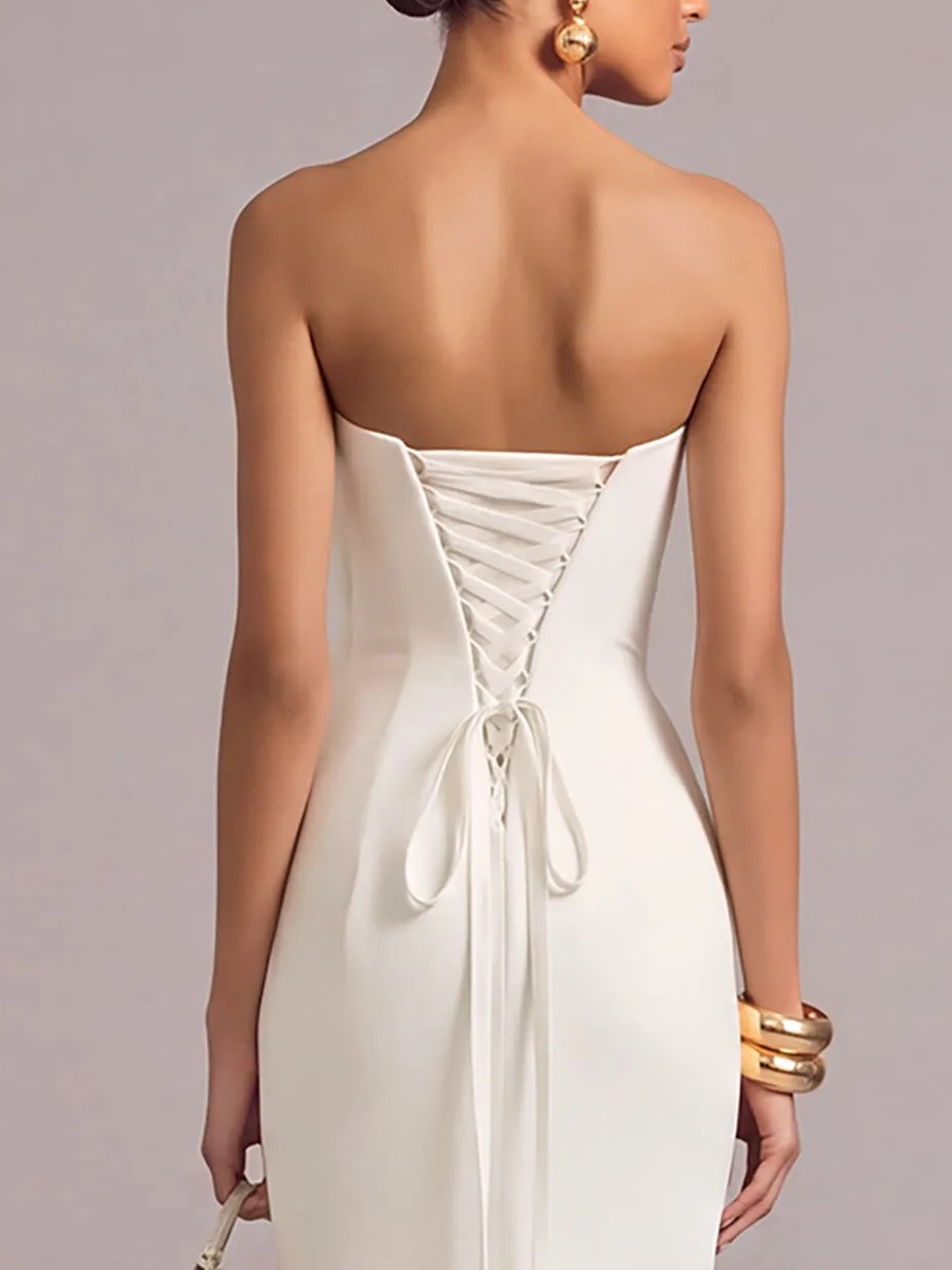 White Strapless 3D Floral Applique Cross-Back Mermaid Maxi Dress