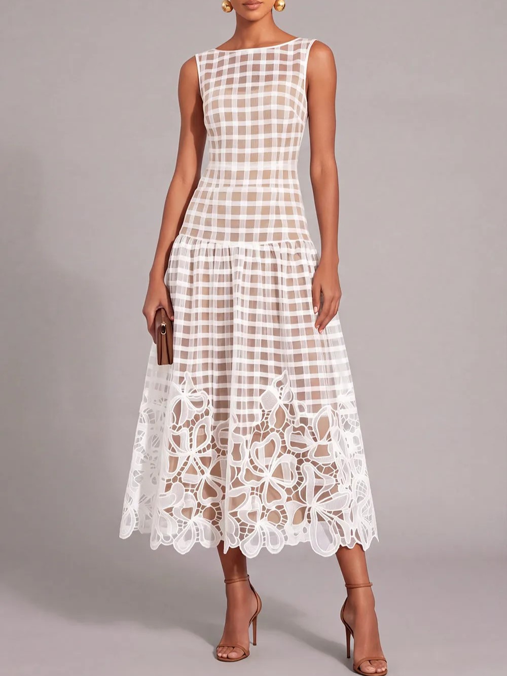 White Boat Neck Sleeveless Gingham Cutwork Lace Floral Hem Fit & Flare Midi Dress