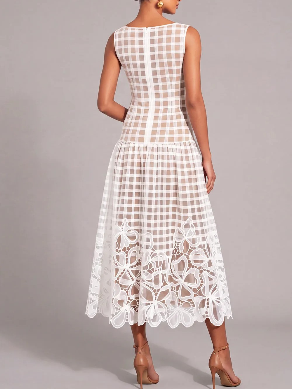 White Boat Neck Sleeveless Gingham Cutwork Lace Floral Hem Fit & Flare Midi Dress