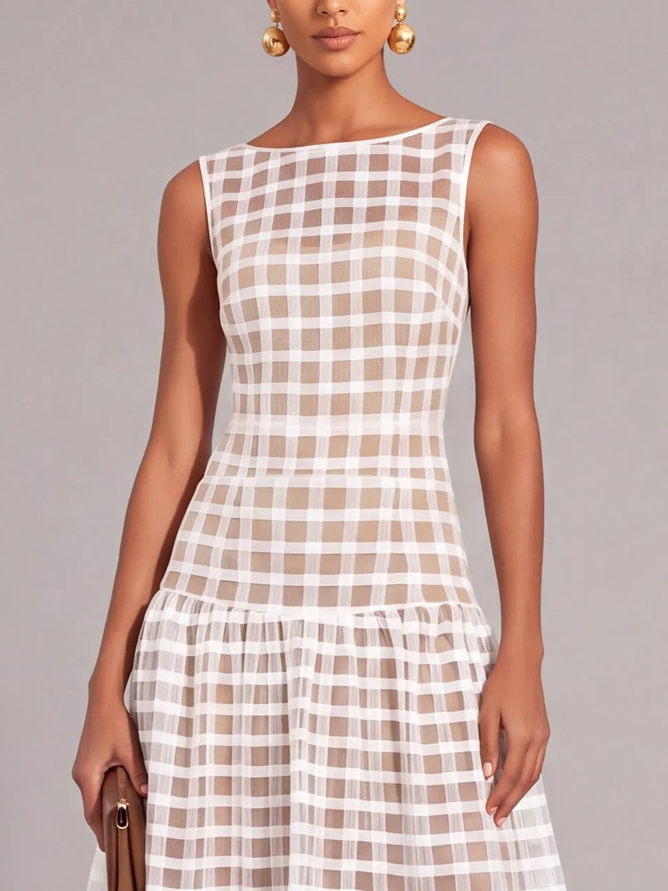 White Boat Neck Sleeveless Gingham Cutwork Lace Floral Hem Fit & Flare Midi Dress