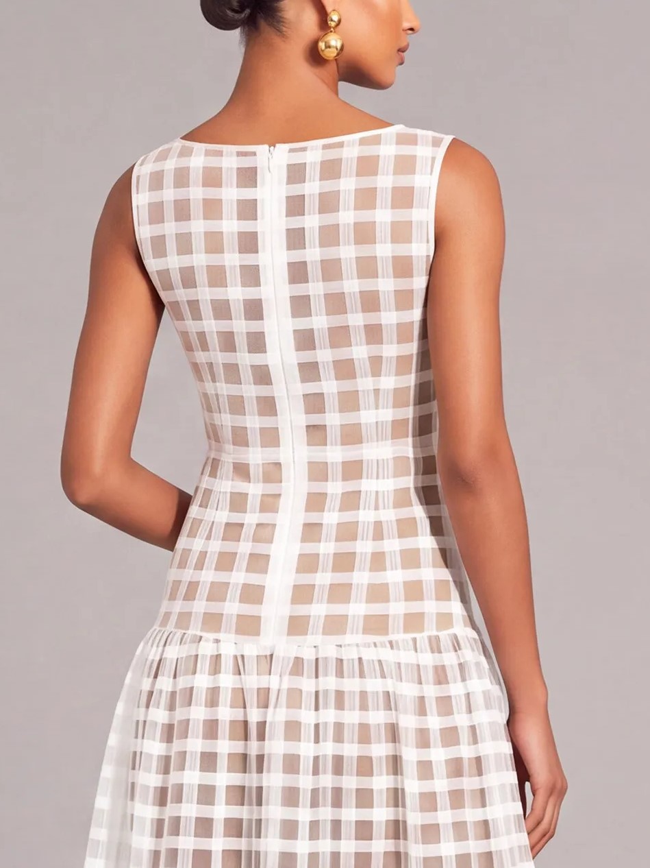 White Boat Neck Sleeveless Gingham Cutwork Lace Floral Hem Fit & Flare Midi Dress