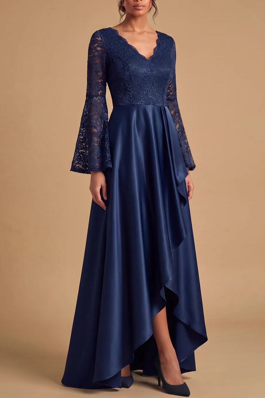 Navy Blue V‑Neck Bell‑Sleeve Lace & Stretch Satin High‑Low A‑Line Gown