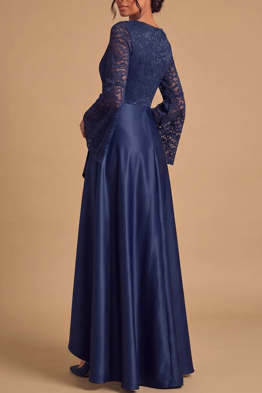 Navy Blue V‑Neck Bell‑Sleeve Lace & Stretch Satin High‑Low A‑Line Gown